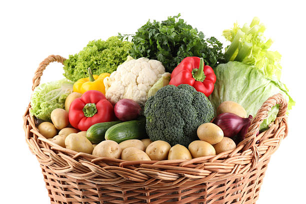 istock Different fresh vegetables in wicker basket isolated on white 2233144689