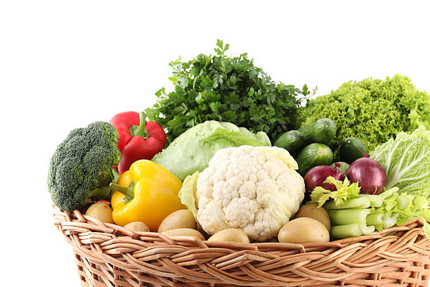 istock Different fresh vegetables in wicker basket isolated on white 2233145220