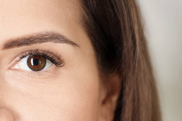 istock Woman with beautiful long eyelashes on light background, closeup. Eyelash extension procedure 2233149122