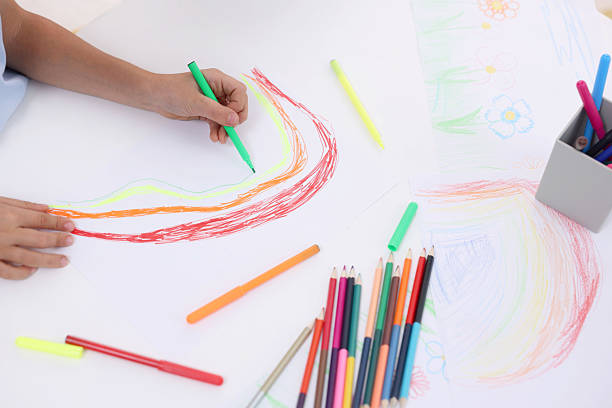 istock Boy drawing rainbow at white table, closeup 2233151760