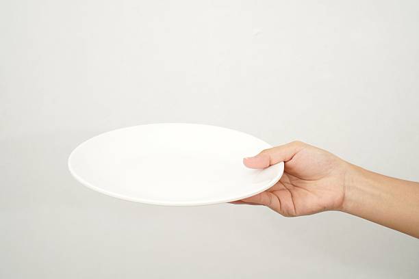 istock Woman's hand holding an empty plate isolated on white background 2233152051