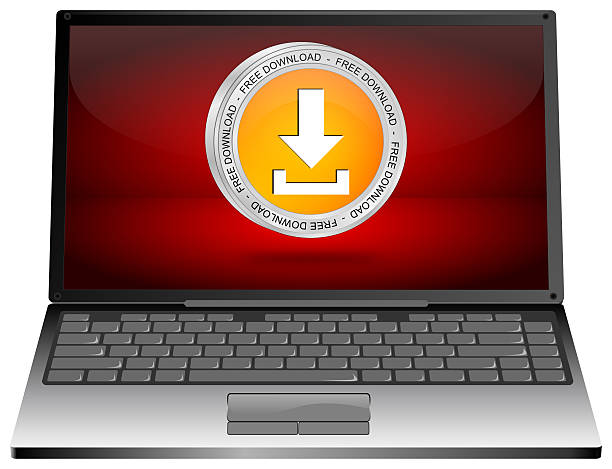 laptop with free download button orange on red desktop - 3D illustration