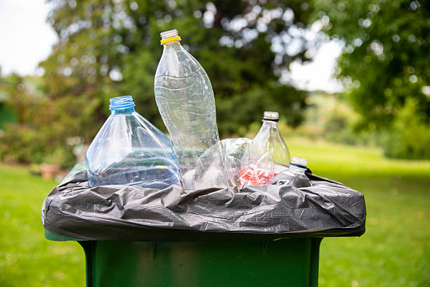 Waste bin full of plastic bottles in green nature