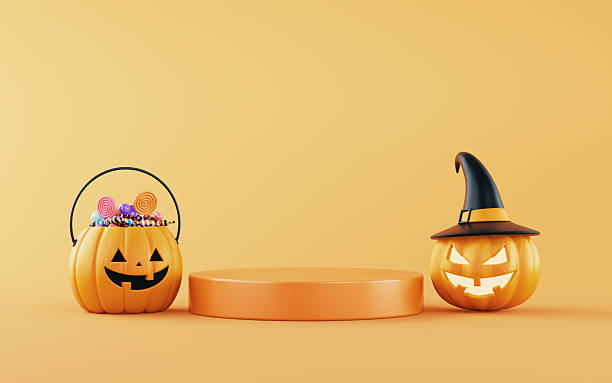 istock Cute Jack O' Lantern Pumpkin and Candy Bucket with Empty Product Podium on Orange Background. Halloween Trick and Treats concept. 2233171564