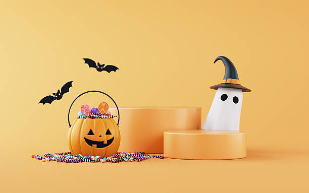 istock Cute Jack O' Lantern Pumpkin Candy Bucket and Ghost in Witch Hat with Empty Product Podium on Orange Background. Halloween Trick and Treats concept. 2233171669