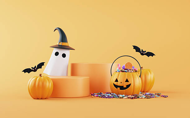 istock Cute Jack O' Lantern Pumpkin Candy Bucket and Ghost in Witch Hat with Empty Product Podium on Orange Background. Halloween Trick and Treats concept. 2233171692