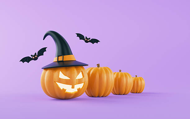 istock Jack-o-Lantern pumpkin in Witch hat and Different Size Pumpkins on purple background. Flying Bats. Halloween Trick and Treats concept. 2233172622