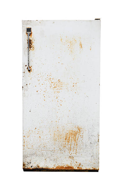 istock Rusty white refrigerator door with faded paint and stains on the surface isolated on white background. 2233173505