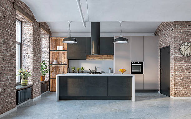 istock Modern industrial-style kitchen interior, brick walls, beige and black cabinets, large windows, kitchen island on cement floor 2233173911