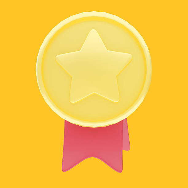 Golden star badge with red ribbon for winner.3d render.