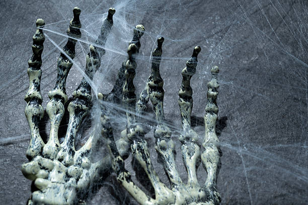 A funny Halloween skeleton looking excited and waving it's boney hand.