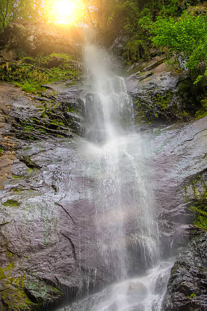 Beautiful natural mountain waterfall with sunbeam. Vertical scene.