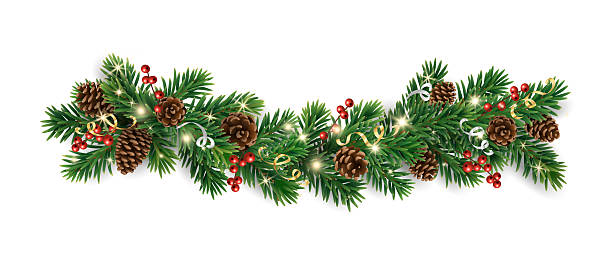 istock Horizontal Christmas garland with pine cones, fir branches, holly berries, glowing lights, and ribbons. Perfect for holiday banners, cards, and party posters. Transparent background in vector file. 2233179233