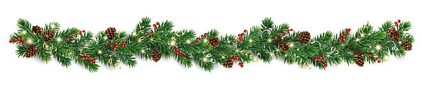 istock Horizontal Christmas garland with pine cones, fir branches, holly berries, glowing lights, and ribbons. Perfect for holiday banners, cards, and party posters. Transparent background in vector file. 2233179287
