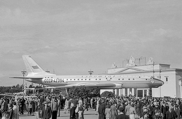 Moscow, USSR - July 1, 1959: soviet TU-104 jetliner was first presented to public at VDNH
