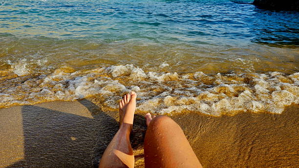 Relaxing on a Sandy Beach with Waves Crashing at the Shoreline