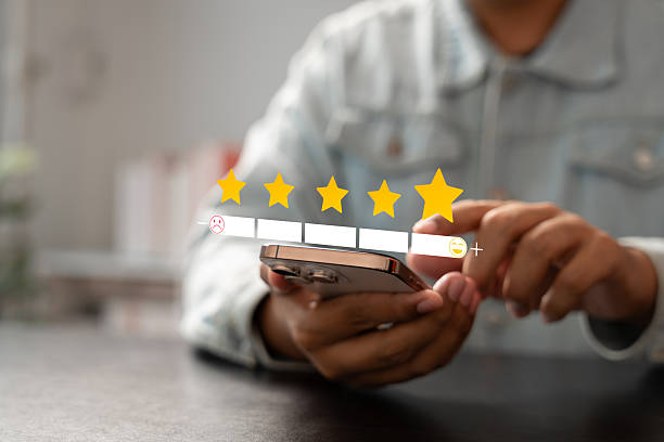 istock Online customer satisfaction Survey service concept, client rate service from experience in application,Consumer give five-Stars and feedback review for quality, Business reputation ranking from buyer 2233195625