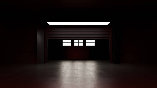 Automotive showroom space with industrial lighting and modern concrete interior for vehicle exhibitions. 3D Illustration