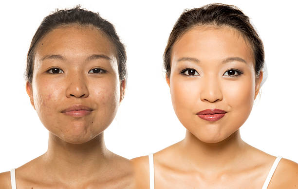 istock Comparative portrait of the same Asian woman before and after full makeup makeover, studio shot on white background. 2233202803