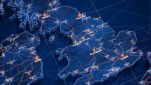 Liverpool map big data visualization. Futuristic map infographic of city in England. Visual map data complexity in modern blue and orange colors