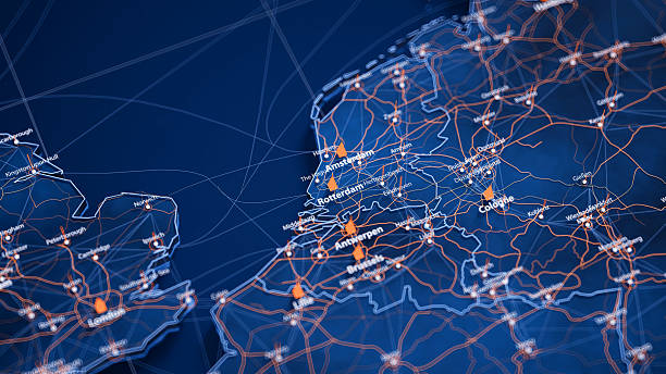 istock Rotterdam map big data visualization. Futuristic map infographic of city in Netherlands. Visual map data complexity in modern blue and orange colors 2233204915