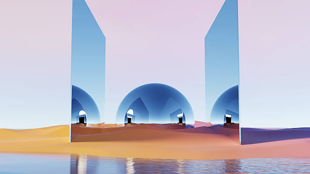 istock 3d render, abstract surreal scene with reflective spheres and tall mirror walls 2233213097