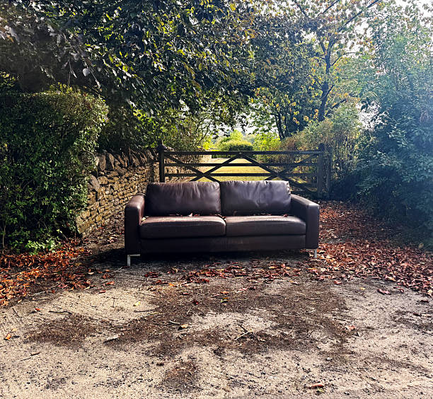 istock Brown sofa left on the side of a road 2233224175