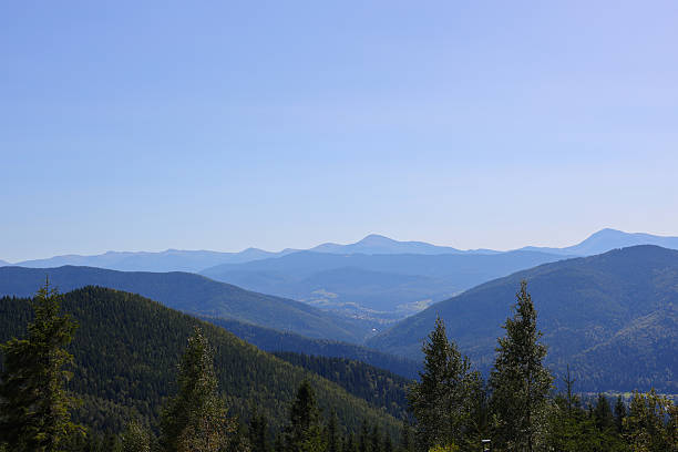 Panoramic view of lush green mountains under clear blue sky