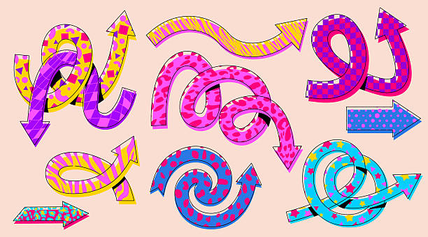Vibrant arrow designs with retro playful patterns colors for creative projects - curved, twisted and spiral shapes decorated with stripes, stars, geometric checkered motifs for digital graphics