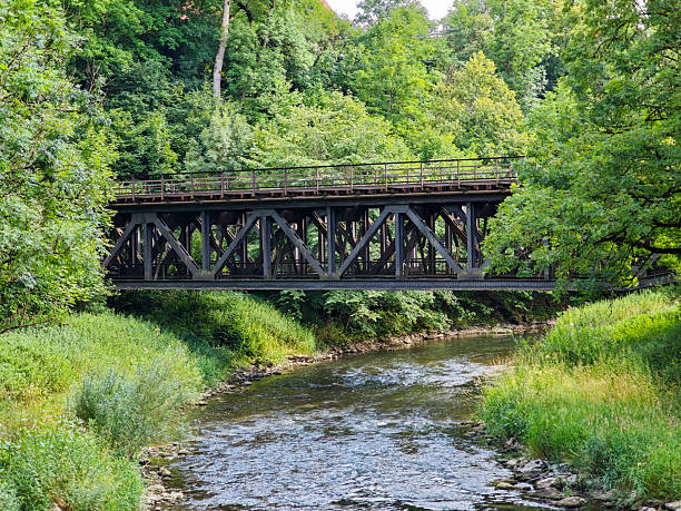 A bridge spans a river with trees on both sides in Germany. The water is calm and the sky is clear