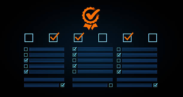 Checklist icons with orange checkmarks and lined task boxes in blue style on dark background, symbolizing task management and quality control concept. 3D Rendering