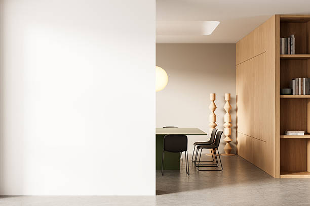 istock Modern interior with minimal dining area and blank wall for poster or artwork mockup template in warm neutral tones and clean design style. 3D Rendering 2233237313