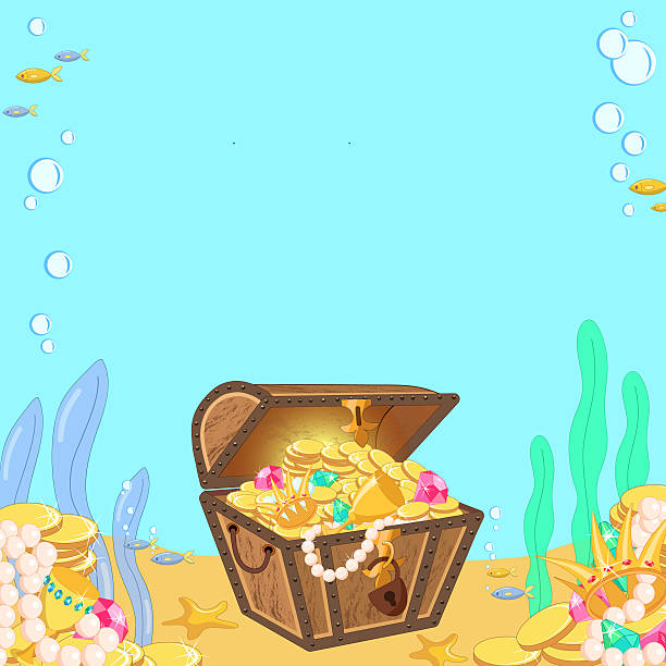 istock Template with open pirate treasure chest with gold coins, gems on the seabed. Copy space. Vector illustration 2233237529