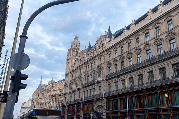 Streets of budapest in spring rainy day. Budapest is capital of hungary.
