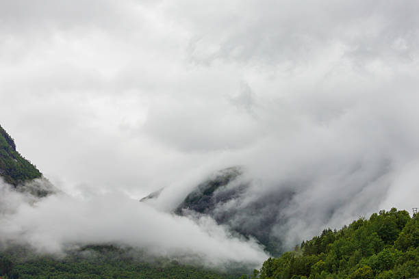 Scenic view of forested mountains covered by dense mist under a cloudy sky, evoking tranquility.
