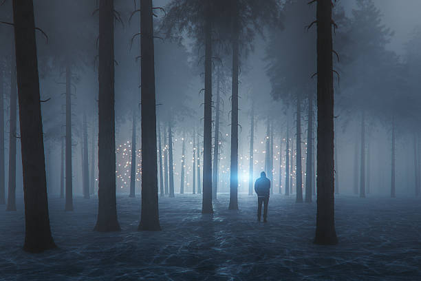 Young man walking in fantasy winter forest. 3D generated image.