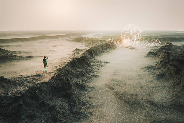 Woman standing in surreal rocky landscape. 3D generated image.