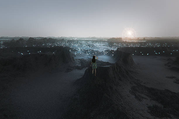 Woman standing in surreal rocky landscape. 3D generated image.