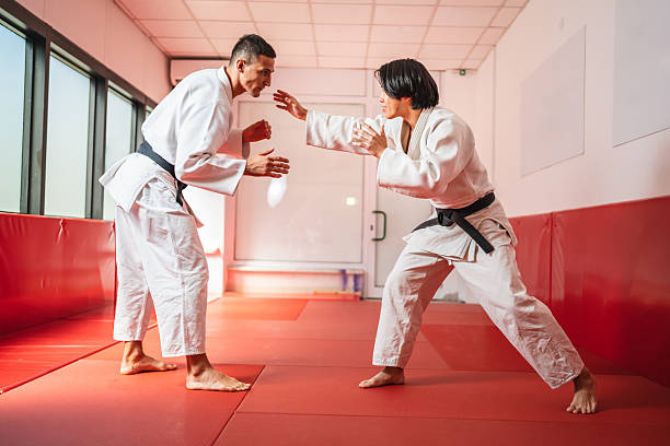 istock Two martial arts athletes training together in a gym 2233250250