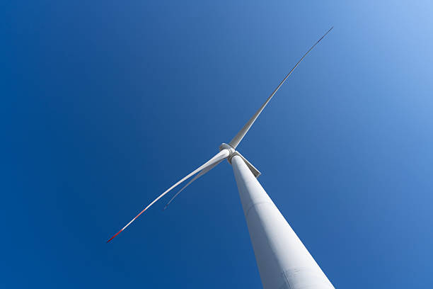 Wind turbines against blue skies with a farm and country scene,China.clean energy Concepts.