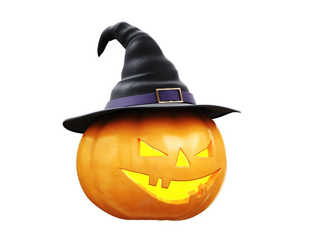 3d render Jack O' Lantern pumpkin with witch hat, Halloween Concept, Object + Shadow Clipping Path
