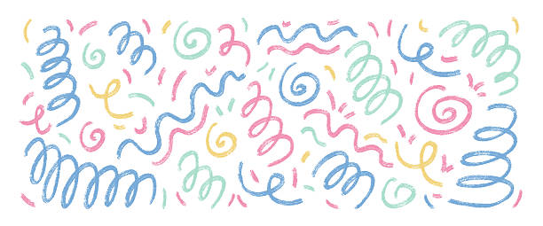 istock Colorful funky crayon squiggles lines. Hand drawn kids birthday confetti. Brush stroke linear scribble elements set isolated on white background. Scribble party celebration decoration. 2233261748