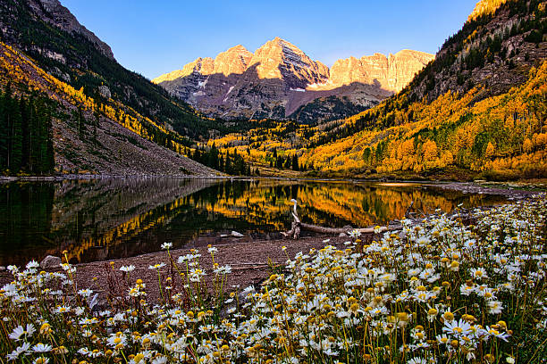 Reflection of mountains and autumn colors at Maroon Bells Lake, Colorado