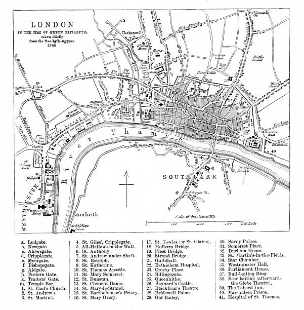 City map of London in 1560, during the reign of Queen Elizabeth I, England, UK. Engraving published 1877. The original edition is in my archives. Copyright has expired and is in Public Domain.