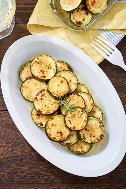 istock Grilled Marinated Zucchini Slices on White Plate 2233272503