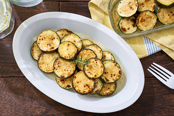 istock Grilled Marinated Zucchini Slices on White Plate 2233272516