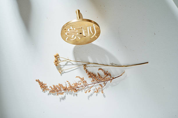Elegant gold pendant with intricate inscription on a textured fabric surface featuring delicate dried flowers and soft shadows creating a serene and artistic composition