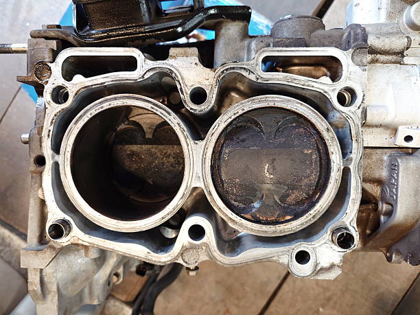 istock Open internal combustion boxer engine block without the head gasket cover. Close up, top down, detail shot, used engine being rebuilt, no people 2233286028