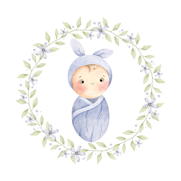 istock It's a boy. Watercolor hand-drawn illustration with newborn boy in blue cocoon in wreath of leaves and blue flowers. European, American type - fair skin, blonde hair. Cute illustration for baby boy. For design baby shower, gender reveal party and nursery. 2233288041