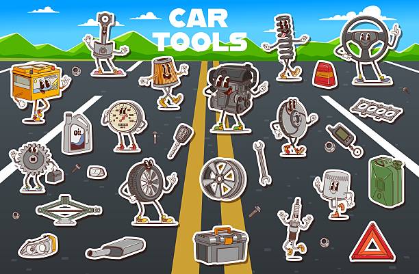 Groovy car spare parts characters stickers pack. Playful cartoon vector patches set of y2k car tools and auto parts like engine, battery, oil, tire and wrench with smiling faces on a road background
